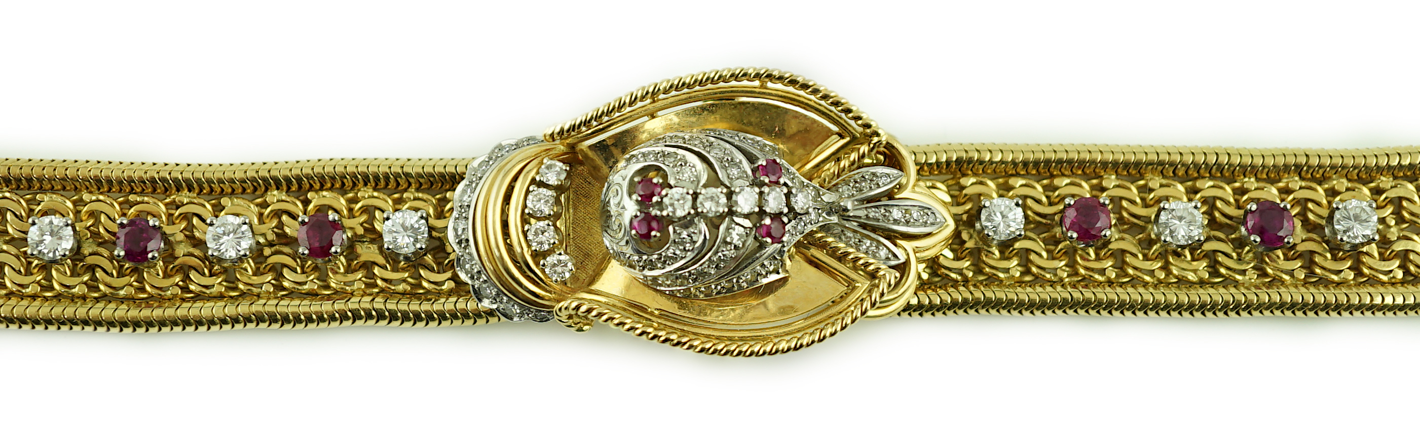 A lady's 18ct gold, ruby and diamond cluster set Rolex manual wind cocktail watch